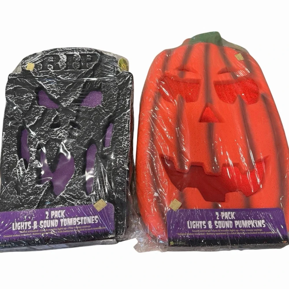 Vintage Halloween Light Up Foam Pumpkins And Tombstones 2 Packs (4 Pieces Total)